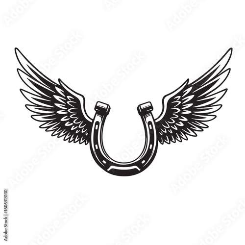Black horseshoe with spread wings white monochrome