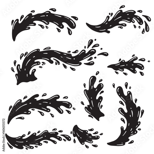 Black ink splashes and droplets splatter liquid