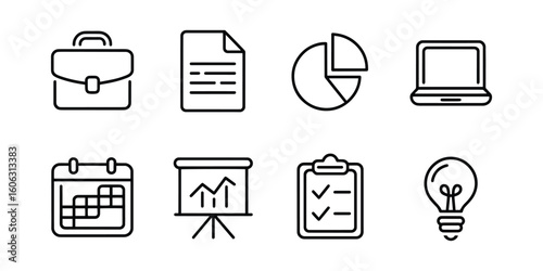 Minimalist Black and White Business and Office Icons in Outline Style on Clean White Background