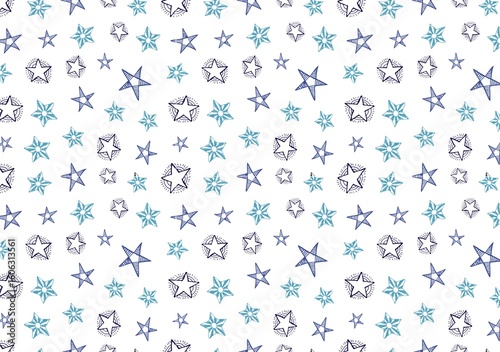 A seamless pattern of hand drawn stars in blue and teal on a white background with varying star designs