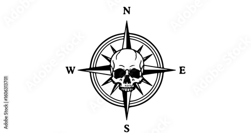 Skull compass rose vector graphic design for tattoo art and nautical adventure themed illustrations and prints