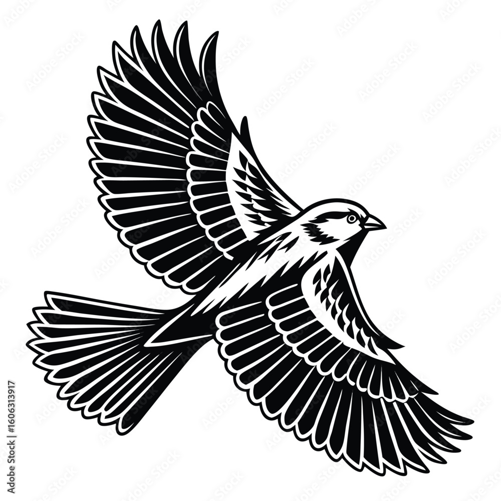Naklejka premium Monochrome Illustration of a Bird in Flight Depicting Grace and Freedom with Ornate Feather Details in a Stylized Manner