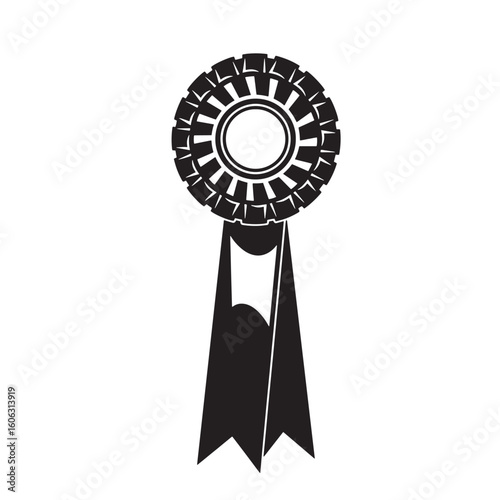 Black rosette award ribbon with decorative edge and hanging streamers prize