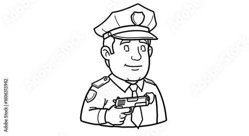 Cartoon outline drawing of police officer with gun law enforcement security officer vector illustration
