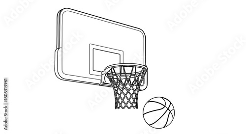 Basketball hoop and ball outline drawing for sports equipment and game design vector illustration asset