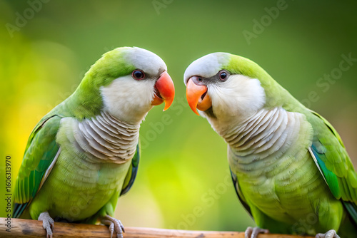 A captivating image showing two monk parakeets, myiopsitta monachus, interacting against a subtle background
