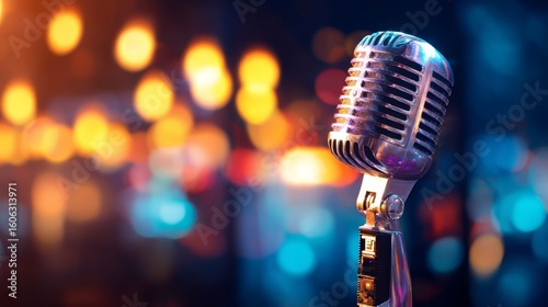 Microphone illuminated by stage lights in a darkened room, with glowing hues and smooth background blur, creating a concert or karaoke atmosphere.