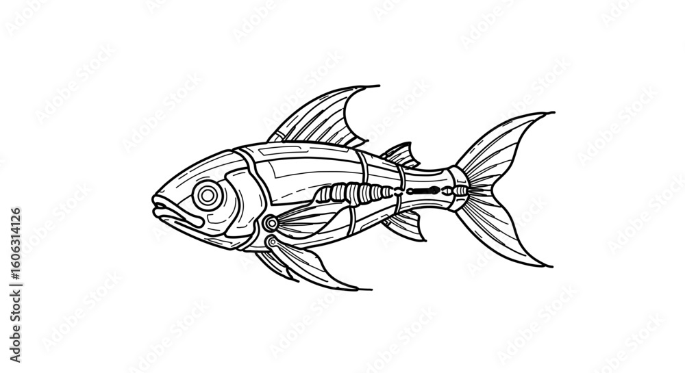Fototapeta premium Detailed line art of mechanical fish illustration for coloring pages and tattoo design vector drawing artwork