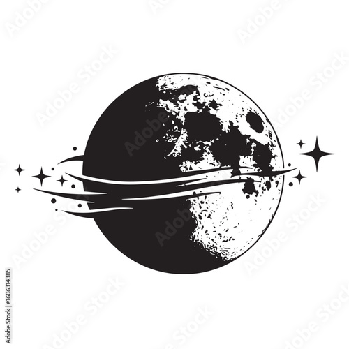 Celestial body with orbiting rings and starbursts moon planet