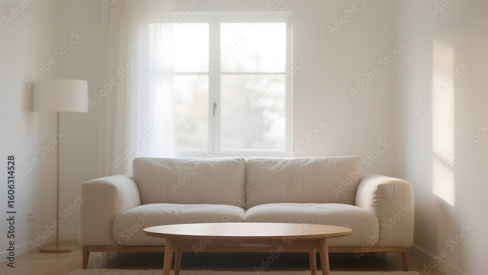 Fototapeta premium Minimalist Living Room with Beige Sofa and Wooden Coffee Table