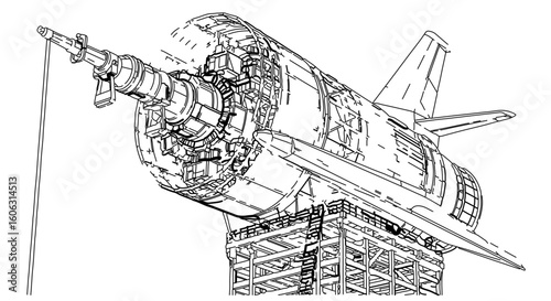 Detailed technical drawing of a futuristic space shuttle on a launch platform for engineering design