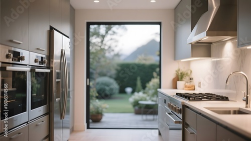 Modern kitchen with stainless steel appliances and a view of a lush garden through a large glass door.