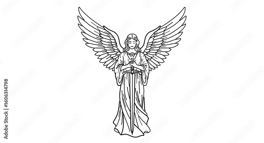 Fototapeta premium Angel drawing with wings spread out, religious angel illustration, celestial being line art vector image