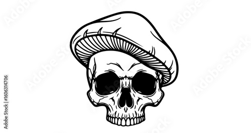 Skull with mushroom hat vector art illustration for halloween and gothic designs graphic element drawing