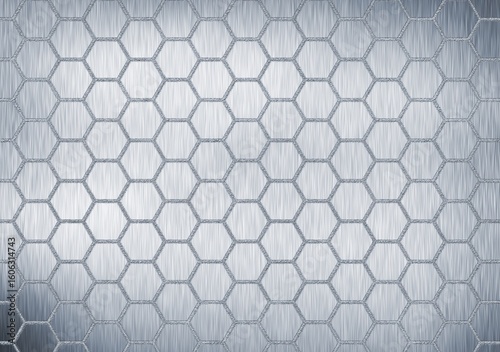A silver metallic background with a repeating pattern of interconnected hexagons forming a honeycomb design