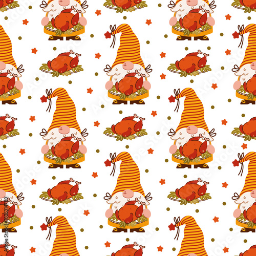 Cute autumn gnomes, seamless vector pattern. Funny elves with beards hold plates of roasted holiday turkeys. Scandinavian characters at a festive Thanksgiving dinner. Flat background for fall party