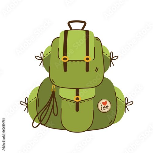 Camping backpack, vector icon. Big green gear for hiking, journey, expedition, outdoor adventure. Equipment with carabiner, rope, pockets, pin. Survival accessory with baggage. Doodle cartoon clipart