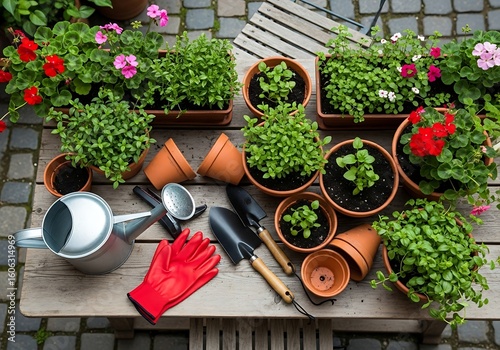 Gardening supplies and potted plants on a wooden table outdoors