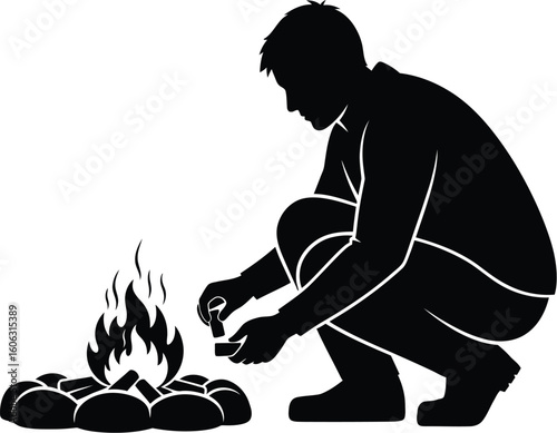 Vector art of a silhouette of a man squatting and tending to a campfire, representing outdoor recreation