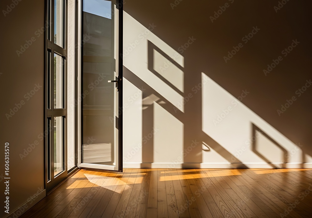 Fototapeta premium Sunlight streaming through open door creating geometric shadows in modern interior