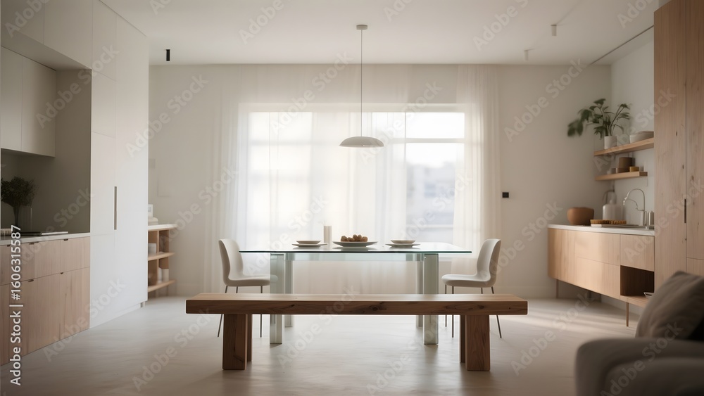 Fototapeta premium Modern minimalist living and dining space with natural light and sleek furniture