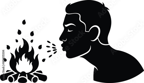 Vector art of a silhouette of a man blowing a campfire, trying to ignite the flames