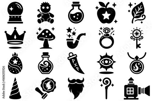 Magical Symbols and Objects: A collection of enchanted icons, featuring a crystal ball, potion bottle, and other whimsical elements for a mystical and enchanting visual.