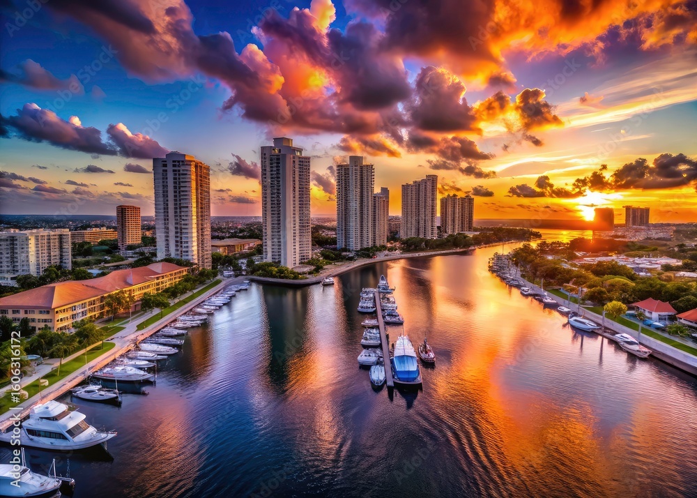 Fototapeta premium Luxury living: Aventura Marina's condos, yachts, and homes at sunset.