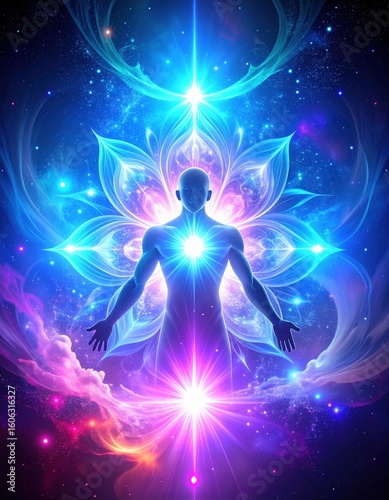 A glowing human figure meditating with radiant energy centers, surrounded by cosmic light and lotus petals, symbolizing spiritual awakening and cosmic connection.