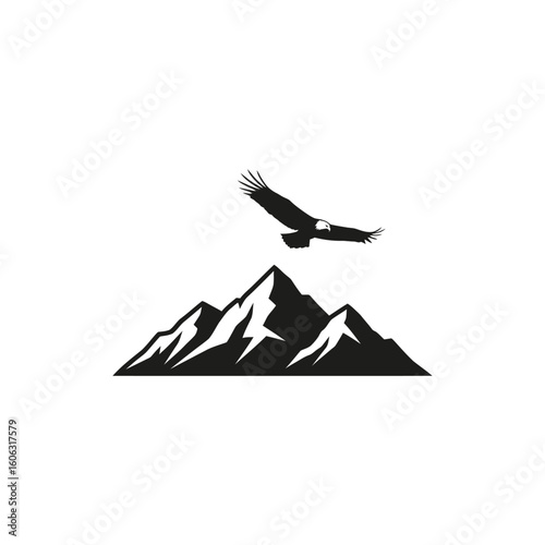 A powerful eagle whisking gracefully over a rugged mountain range, a minimalist black and white vector icon symbolizing freedom and the wild.