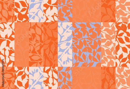Seamless botanical pattern with layered leaves in a modern patchwork layout. Warm terracotta, soft peach, and pastel blue hues create a fresh, organic look for textile and surface design.