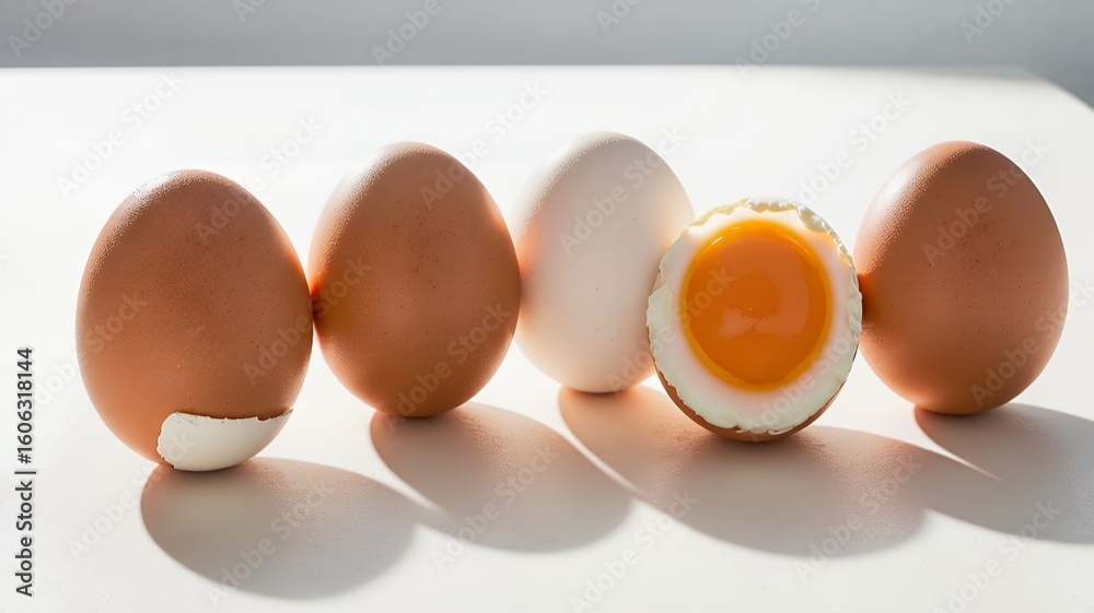 A row of eggs including a sliced boiled egg showing its bright orange yolk centered A row of eggs including a sliced boiled egg showing its bright orange yolk centered