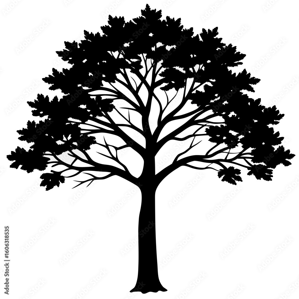 Fototapeta premium Minimalist Black Tree Silhouette with Leaves