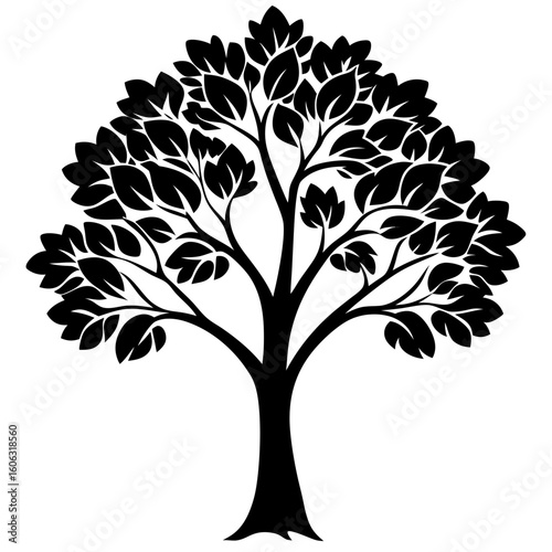 Minimalist Black Tree Silhouette with Leaves