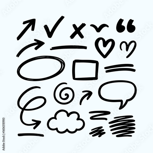 Hand drawn doodle elements set. Vector sketch arrows, circles, highlight marks.