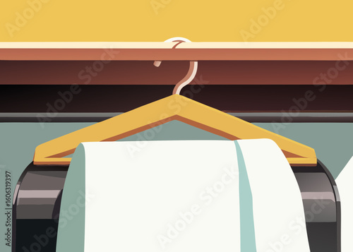 Wooden clothes hanger with towel, minimalist style, for website design