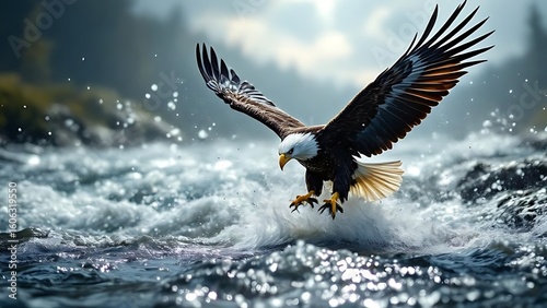 Dynamic scene of an eagle catching a fish in the water, showcasing power and precision, ideal for wildlife photography, documentaries, and nature-focused visuals