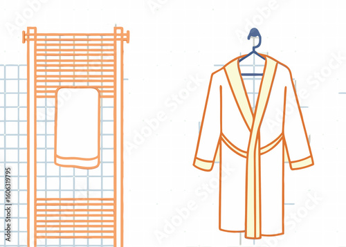 Bathrobe and towel rack, line art illustration, beige and orange tones, for home decor websites