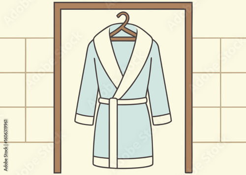 Light blue bathrobe hanging on rack, for website design