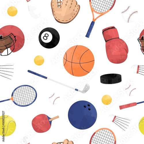 A seamless pattern of various sports equipment scattered on a white background illustration style