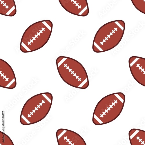 A repeating pattern of brown american footballs with white laces on a white background illustration
