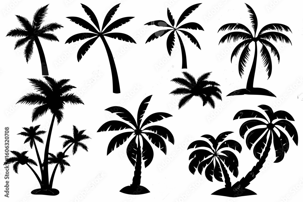 Obraz premium Vector silhouette of several palm trees of varying sizes against a white background in a simple illustration