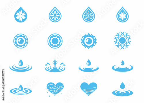 Vector  collection of blue water drop icons with various designs and ripple effects on a white background art