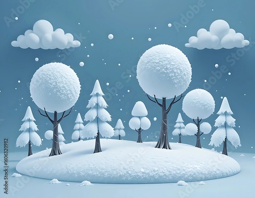 3D Cartoon Winter Wonderland Island with Snowy Trees and Clouds. A whimsical, cartoonish winter scene depicting a snowy island with stylized trees and clouds.