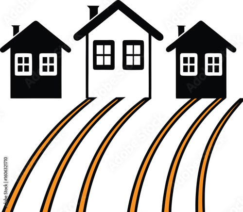 Three houses with orange and black striped roads home