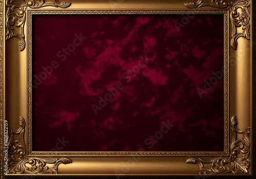 Elegant ornate golden picture frame featuring a textured red velvet background