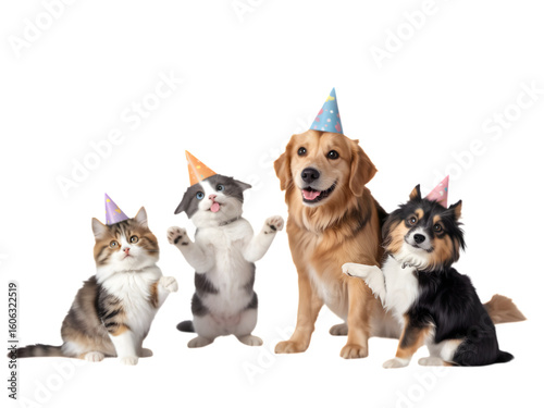 Four pets wearing party hats celebrating isolated on a transparent background cats dogs