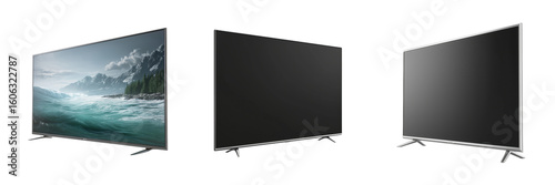 Three modern flat screen televisions with silver frames on black isolated on a transparent background