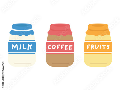 瓶入りの牛乳　コーヒー牛乳　フルーツ牛乳　イラストセット
