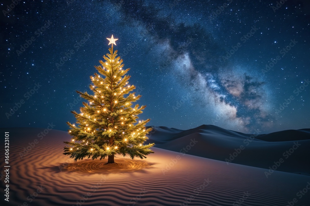 Fototapeta premium a warming Christmas tree at night under a starry sky in a Night sand hills Landscape with the Milky Way photography effect